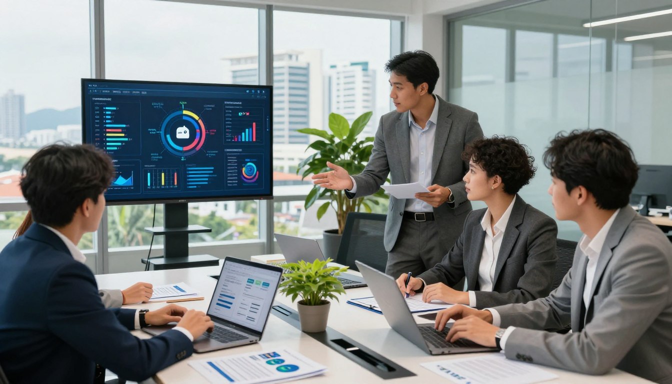 A modern office space in Da Nang bustling with professionals discussing SEO strategies. In the foreground, a group of four diverse individuals in professional business attire, engaged in a brainstorming session, with laptops and digital marketing graphs displayed on screens. The middle ground features a sleek conference table with SEO reports and a vibrant plant, reflecting a productive atmosphere. In the background, large windows reveal the cityscape of Da Nang, with its famous beaches and architecture subtly visible. Bright, natural lighting pours in, creating an inviting and energetic environment. The overall mood is dynamic and focused, showcasing the thriving SEO market in Da Nang. Include the brand name "SMAds" visible in promotional materials on the table. A modern office space in Da Nang bustling with professionals discussing SEO strategies. In the foreground, a group of four diverse individuals in professional business attire, engaged in a brainstorming session, with laptops and digital marketing graphs displayed on screens. The middle ground features a sleek conference table with SEO reports and a vibrant plant, reflecting a productive atmosphere. In the background, large windows reveal the cityscape of Da Nang, with its famous beaches and architecture subtly visible. Bright, natural lighting pours in, creating an inviting and energetic environment. The overall mood is dynamic and focused, showcasing the thriving SEO market in Da Nang. Include the brand name "SMAds" visible in promotional materials on the table.