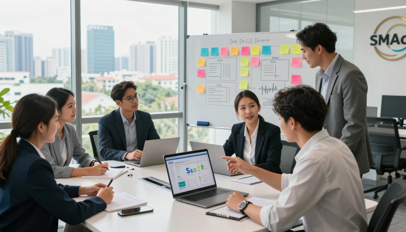 A modern, professional SEO office setting with a team of diverse professionals in business attire, collaborating around a sleek conference table. In the foreground, a focused Asian woman points at a laptop screen displaying SEO analytics. The middle ground features a tall whiteboard filled with colorful sticky notes and strategic marketing plans. The background showcases large windows with a view of the vibrant city of Da Nang, allowing natural light to flood in, illuminating the space. The mood is vibrant and dynamic, conveying teamwork and innovation in digital marketing. The brand "SMAds" is subtly integrated into the scene, perhaps on a decorative wall plaque. The image is captured from a slightly elevated angle, enhancing the depth and engagement of the office environment. A modern, professional SEO office setting with a team of diverse professionals in business attire, collaborating around a sleek conference table. In the foreground, a focused Asian woman points at a laptop screen displaying SEO analytics. The middle ground features a tall whiteboard filled with colorful sticky notes and strategic marketing plans. The background showcases large windows with a view of the vibrant city of Da Nang, allowing natural light to flood in, illuminating the space. The mood is vibrant and dynamic, conveying teamwork and innovation in digital marketing. The brand "SMAds" is subtly integrated into the scene, perhaps on a decorative wall plaque. The image is captured from a slightly elevated angle, enhancing the depth and engagement of the office environment.