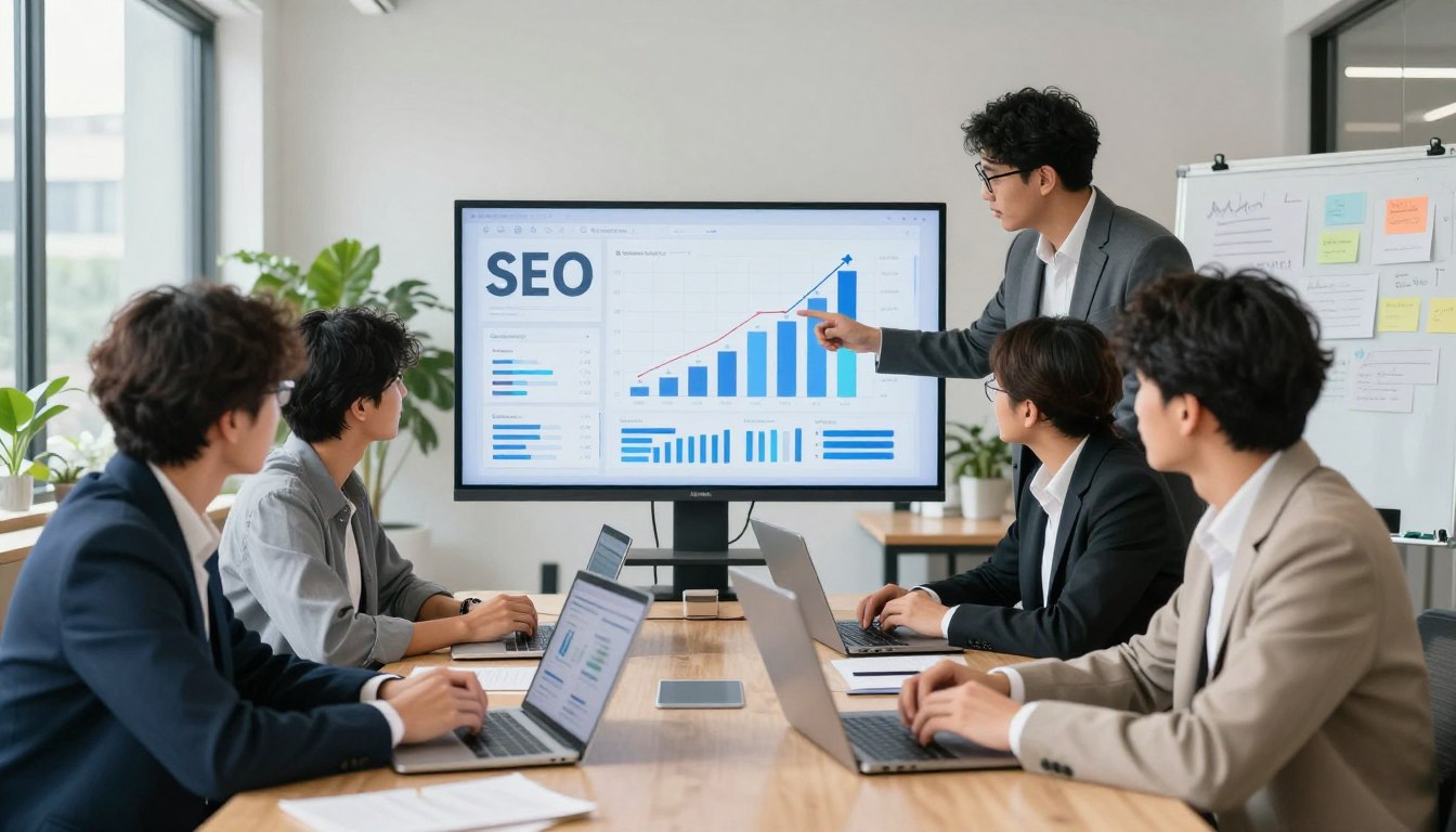 A professional setting showcasing a creative digital marketing team engaged in a strategy meeting about SEO services. In the foreground, a diverse group of four professionals in smart business attire, including laptops and tablets, intensely analyzing digital graphs and performance metrics. In the middle ground, a large screen displays SEO analytics charts, with rising trends and key performance indicators. The background features an open, modern office space with bright, natural lighting streaming through large windows, plants, and a whiteboard filled with brainstorming notes. The atmosphere is focused and collaborative, emphasizing the importance of practical experience and verifiable results in SEO services. Include the brand name "SMAds" subtly integrated into the office decor. A professional setting showcasing a creative digital marketing team engaged in a strategy meeting about SEO services. In the foreground, a diverse group of four professionals in smart business attire, including laptops and tablets, intensely analyzing digital graphs and performance metrics. In the middle ground, a large screen displays SEO analytics charts, with rising trends and key performance indicators. The background features an open, modern office space with bright, natural lighting streaming through large windows, plants, and a whiteboard filled with brainstorming notes. The atmosphere is focused and collaborative, emphasizing the importance of practical experience and verifiable results in SEO services. Include the brand name "SMAds" subtly integrated into the office decor.